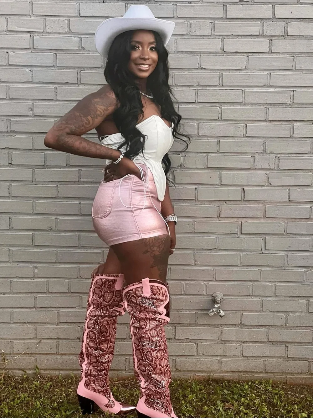 Pink Snake-Print Over-The-Knee Western Boots - Women